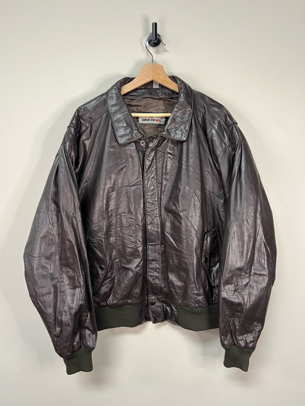 Vtg Dark Brown Leather Bomber Jacket